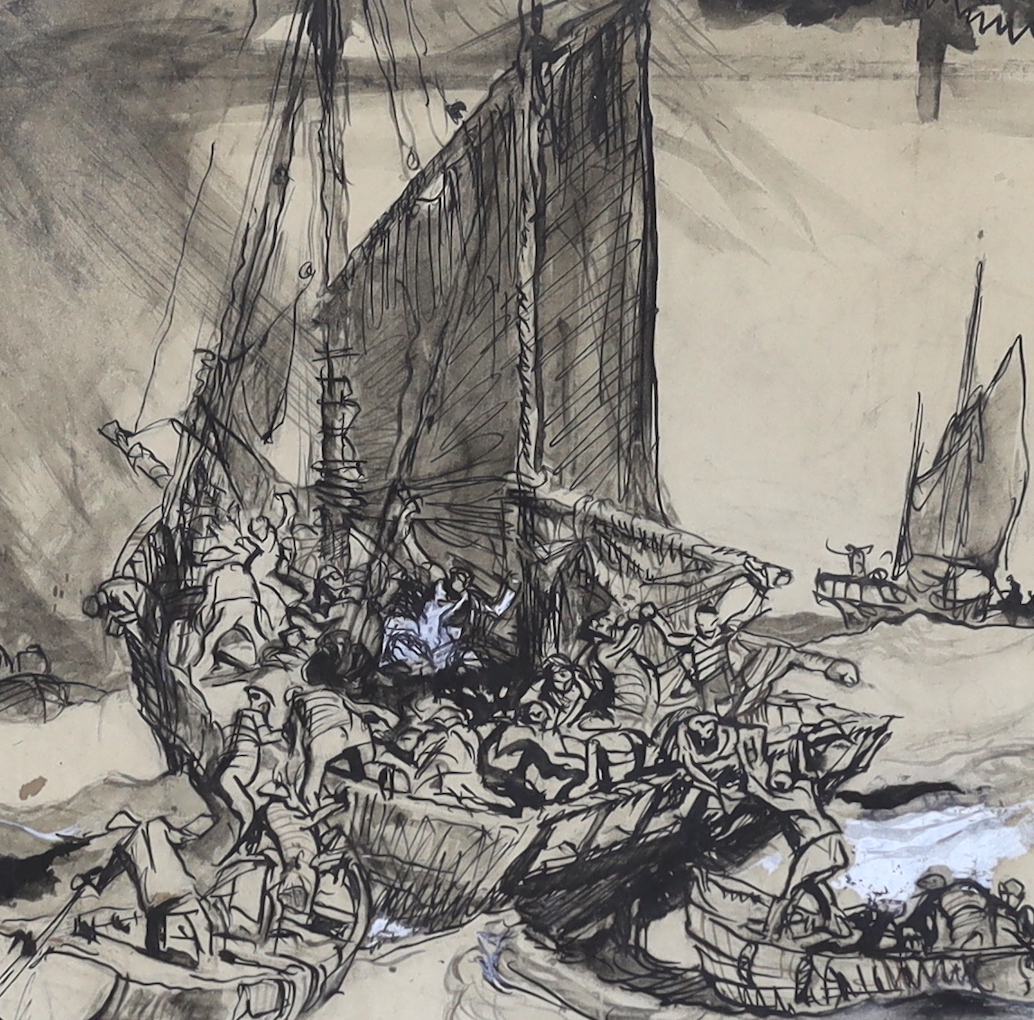 Attributed to Frank Brangwyn (1867-1956), pen, ink and wash, Fisherman and boats, unsigned, 28 x 28cm